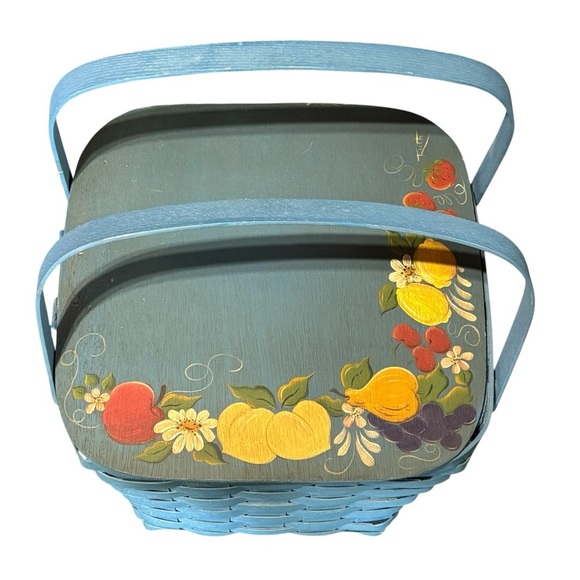 Rare Vtg Signed RUTH Blue With Floral Fruit Wood Top Basket Handles Strawberries - Picture 10 of 15